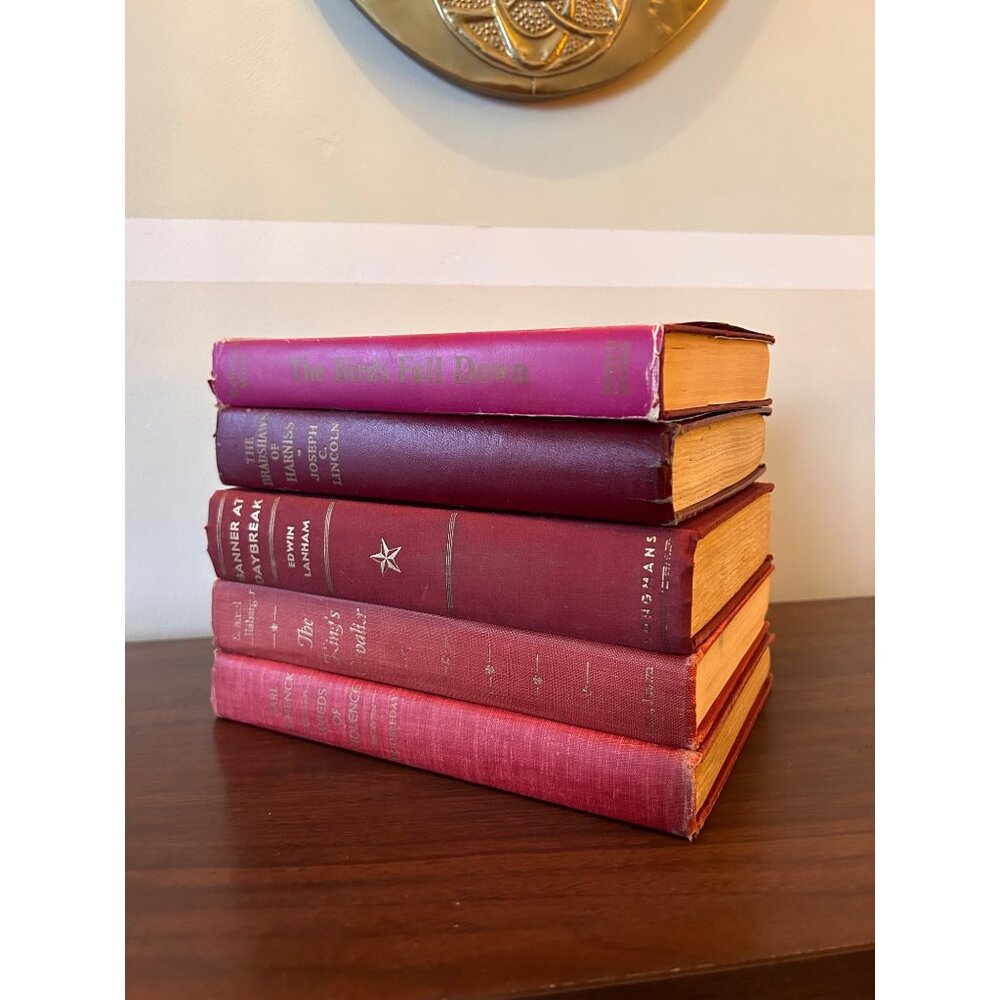 Vintage Decor Stack of 5 Dark Red Hard Covered Vtg Books Wedding Movie Prop Stag
